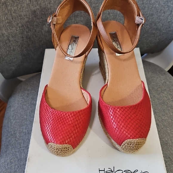 Halogen Shoes - Halogen Red Espadrille Wedge Sandals with Tan Ankle Strap Never Worn Size 6.5M